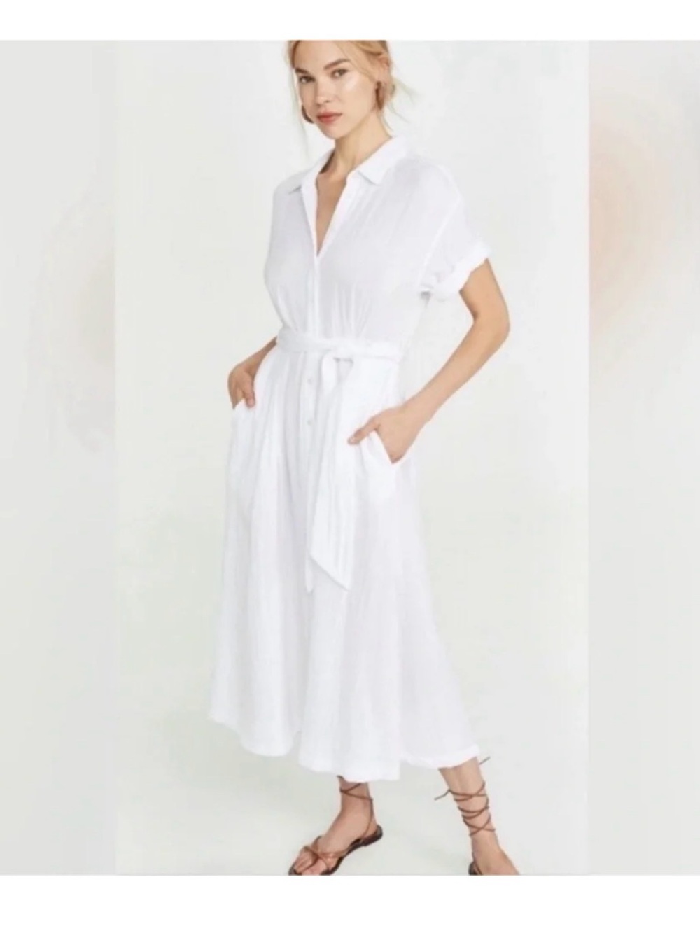 XiRENA White Button-Front Midi Shirt Dress with Tie Waist